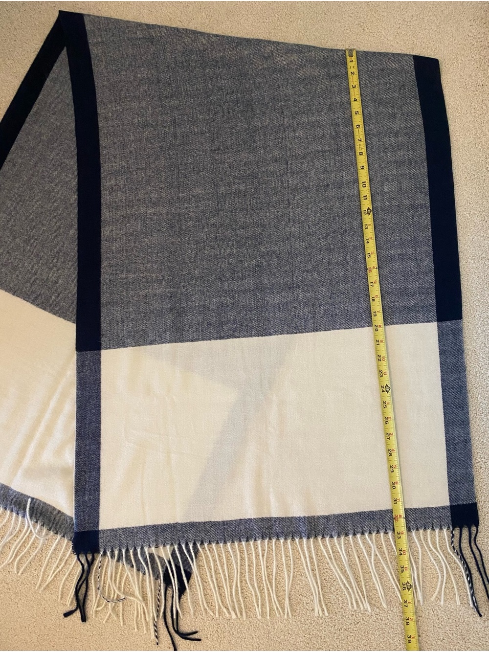 Navy Blue and Cream Fringe Scarf Wrap Extra Large - Picture 2 of 6
